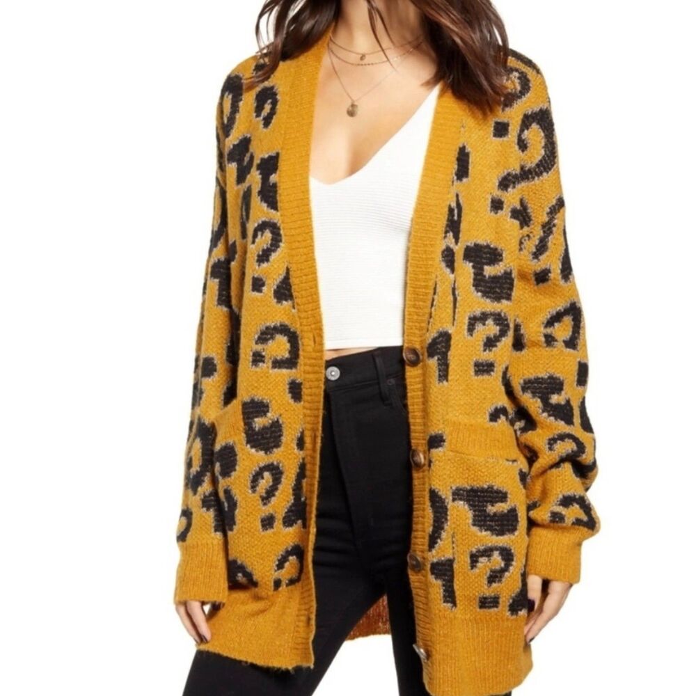 J.O.A. Oversized Metallic Leopard Print Cardigan Sweater Womens Medium Grandpa